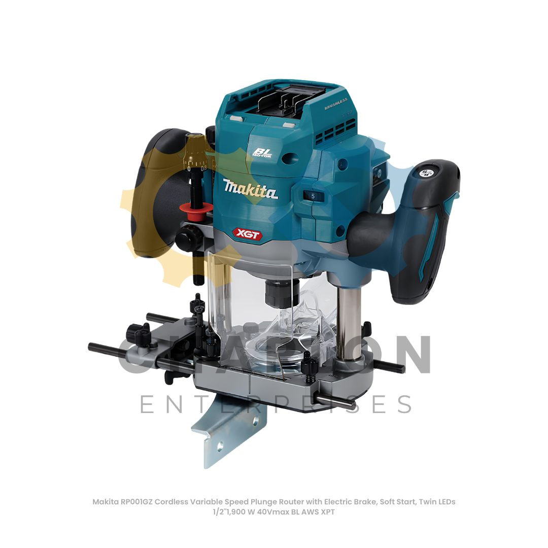 Makita RP001GZ Cordless Variable Speed Plunge Router with Electric Brake, Soft Start, Twin LEDs 1/2"1,900 W 40Vmax BL AWS XPT