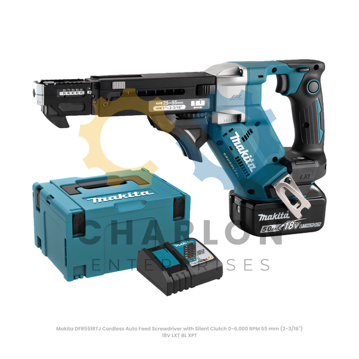 Makita DFR551RTJ Cordless Auto Feed Screwdriver with Silent Clutch 0-6,000 RPM 55 mm (2-3/16") 18V LXT BL XPT